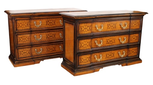 Pair of Theodore Alexander Chateau de Vallois 3 drawer commodes