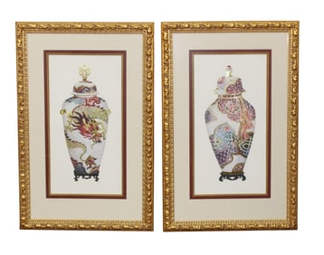 Pair ginger jar etchings in gilt frames