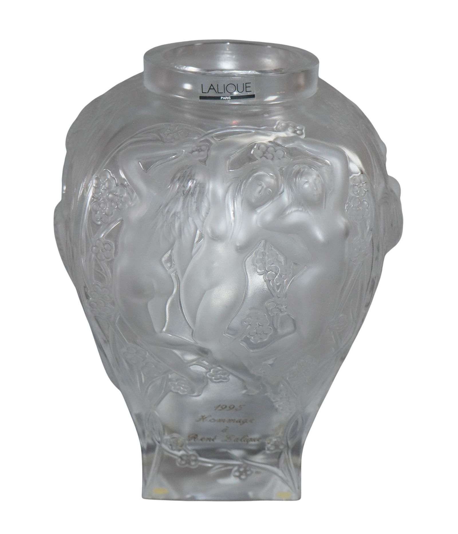 Lalique 1995 dedication vase to Rene Lalique.: Lalique 1995 dedication vase to Rene Lalique. 11"h x 7"w x 7"d. Base is 3 1/2"sq. Weight: 8lbs