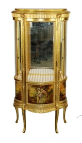 Louis XVI style gold painted curved glass lighted vitrine