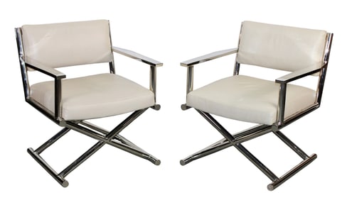 Pair of Mitchell Gold & Bob Williams leather and stainless steel director's chairs