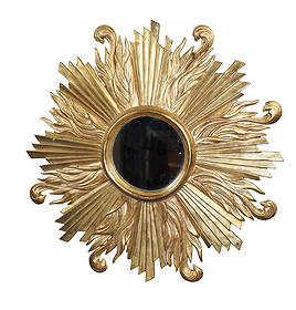 French gold leaf sunburst mirror: French gold leaf sunburst mirror. Mid 20th century. 24" dia Weight: 3lbs