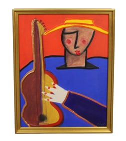 Acrylic on canvas colorful portrait of woman with violin. Signed l/r