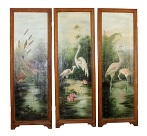 Lot of 3 Continental oil on canvas paintings of flamingos