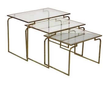 Nest of 3 French brass and glass side tables