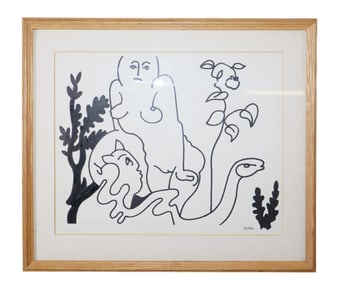 "Eve and the Devil" ink on paper drawing signed Owen