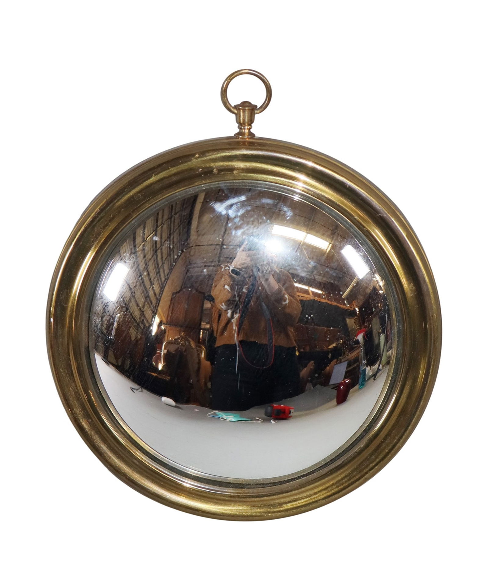 French brass polished brass butler's mirror: French brass polished brass butler's mirror. Late 20th century. 10" overall with the ring. 9 1/2" dia. Weight: 1 lb.