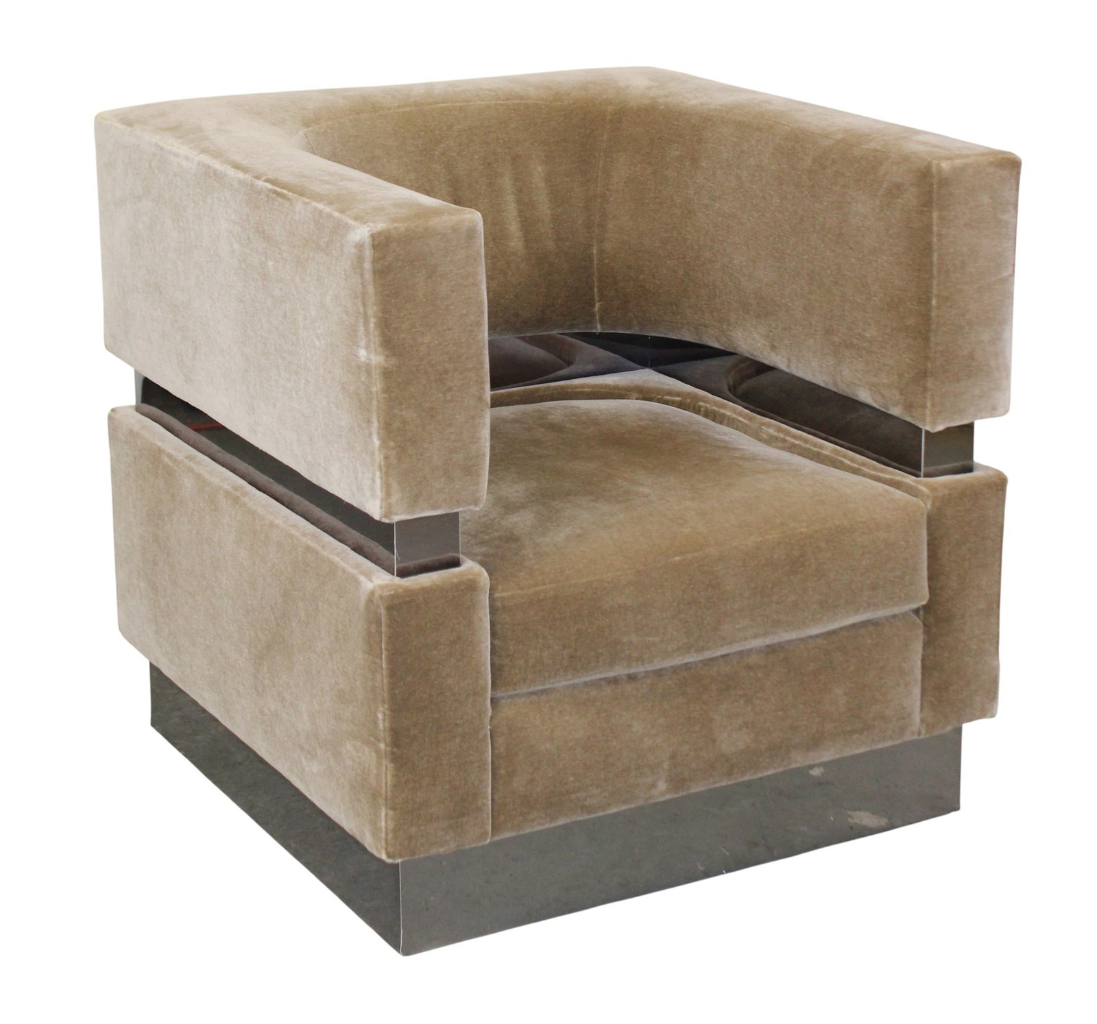 Cube curved back velour & smokey chrome club chair: Cube curved back velour & smokey chrome club chair. 33 1/4"h x 33 3/8"w x 34 1/8"d, seat: 18 1/4"h