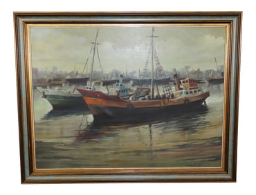 Vicenti Walter oil on canvas depicting boats in harbor