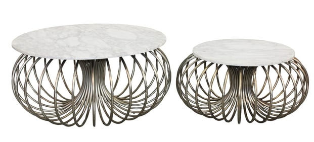 Lot of 2 metal ring coffee and side table with white marble tops