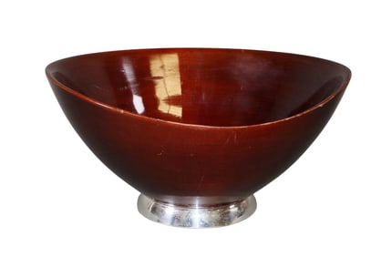 Scandinavian turned mahogany bowl on sterling silver rim base