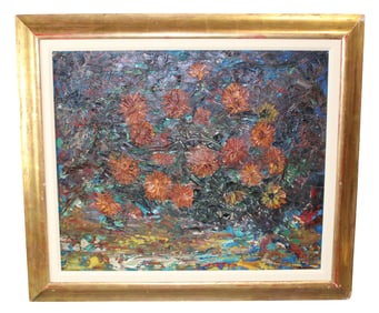 Oil on canvas stylized abstract still life painting with flowers