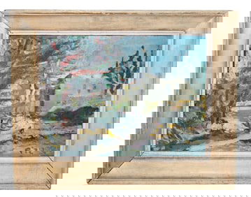 French oil on board depicting abstract landscape