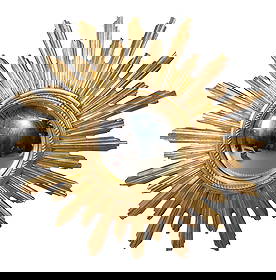 French cast gilt finish sunburst mirror with convex glass: French cast gilt finish sunburst mirror with convex glass. Late 20th century. 23" dia. Weight: 6lbs