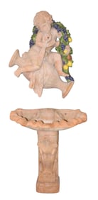 Italian Ceccarelli terra cotta wall fountain with cherub pouring into shell basin