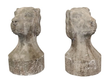 Pair of French cut limestone dog head garden statues