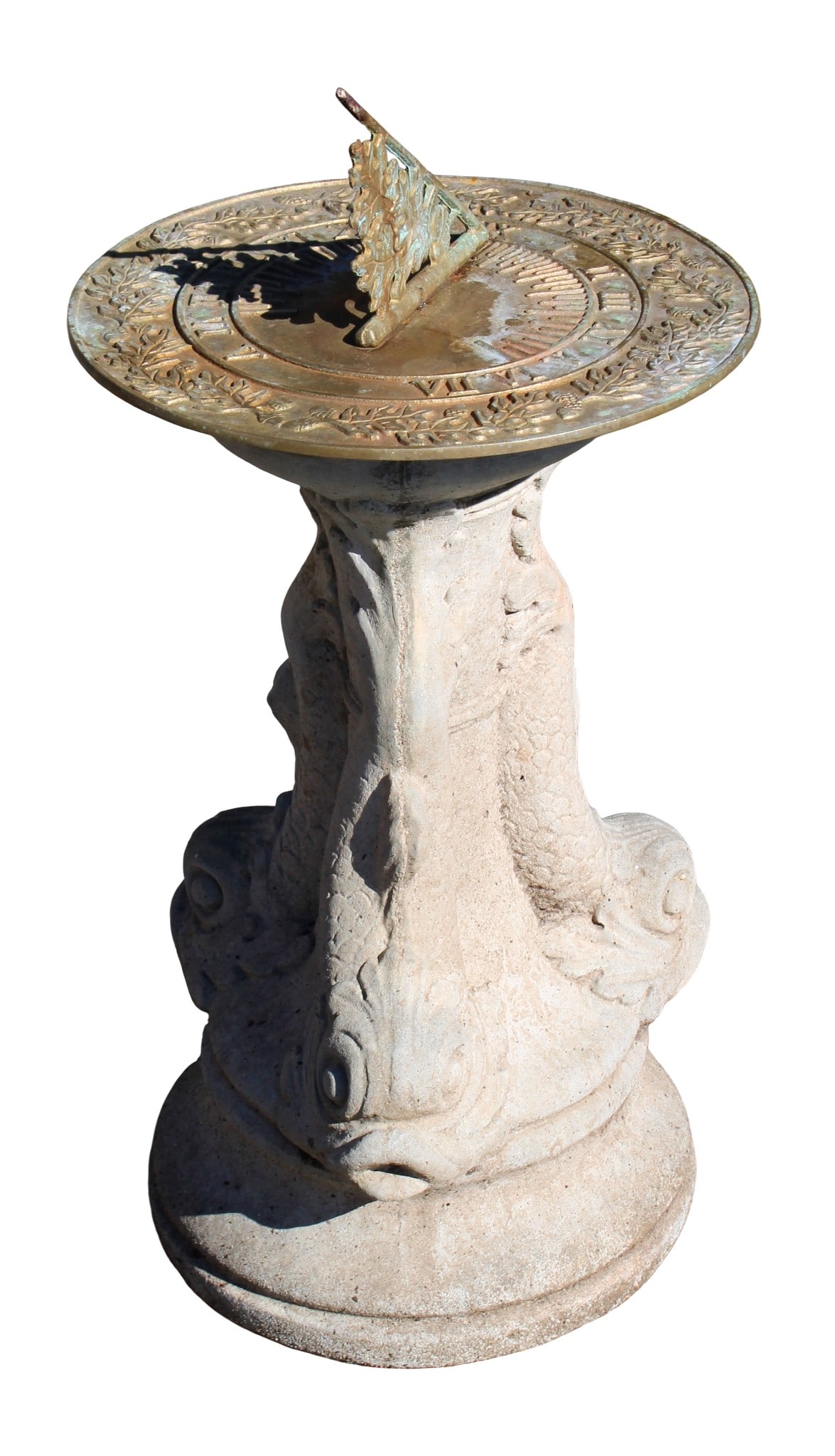 Bronze sundial on concrete mythological dolphin base: Bronze sundial on concrete mythological dolphin base. 23"h x 11" dia