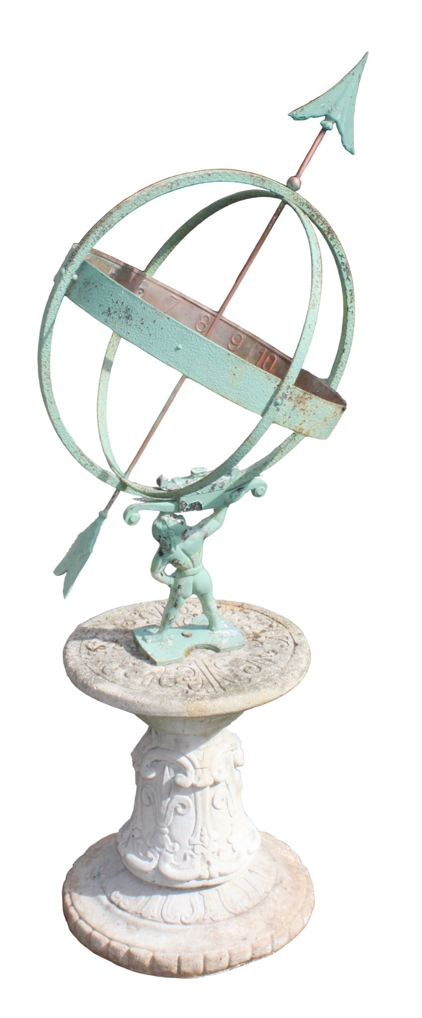 Armillary sundial on cast concrete pedestal: Armillary sundial on cast concrete pedestal. 49"h x 17 1/2"dia