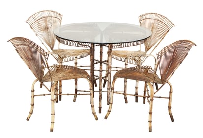 5 piece iron faux bamboo patio set with glass top