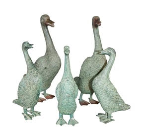Set of 5 bronze duck garden sculptures