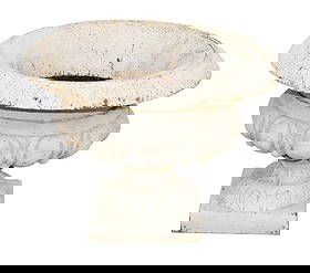 French cast iron pedestal base garden urn: French cast iron pedestal base garden urn. Mid 20th century. 16"h x 22 1/4"dia