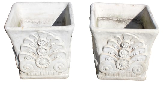 Pair of square cast concrete planters with rosettes