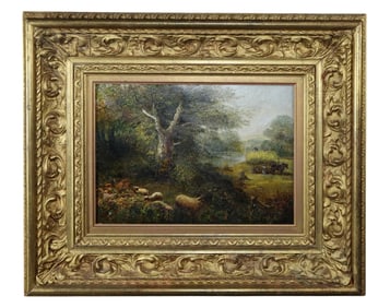 Oil on canvas painting of landscape with sheep in ornate gilt frame.