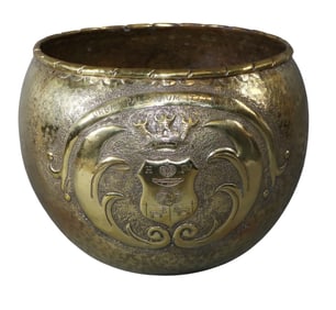 French embossed and hammered brass cachepot with crest
