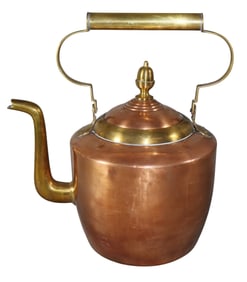 Large copper tea kettle with brass handle