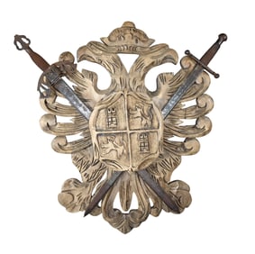 Spanish carved coat of arms with 2 headed eagle and crossed swords