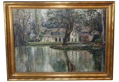 French oil on canvas landscape with house