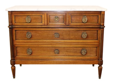 French Louis XVI style 3 over 2 commode with white marble top