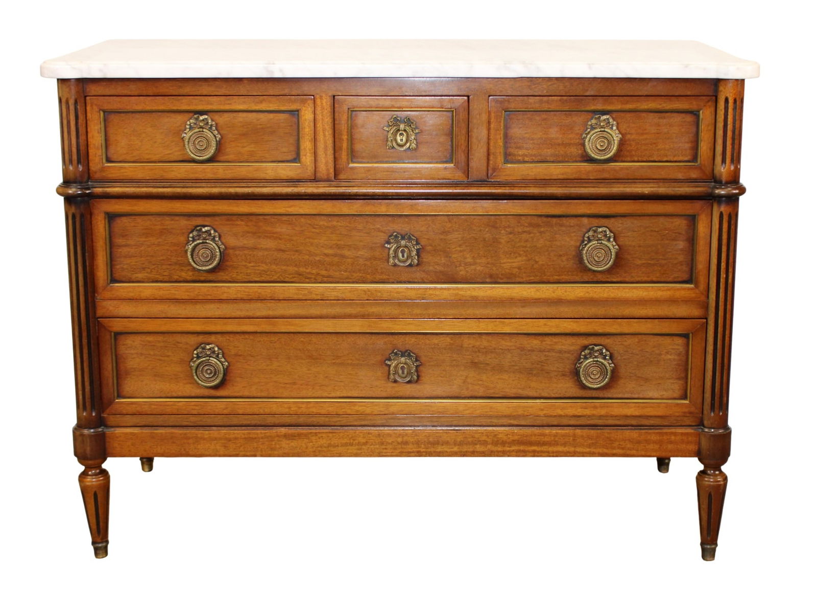 French Louis XVI style 3 over 2 commode with white marble top: French Louis XVI style 3 over 2 commode with white marble top. Late 20th century. 31 3/4"h x 43 1/4"w x 19 1/2"d