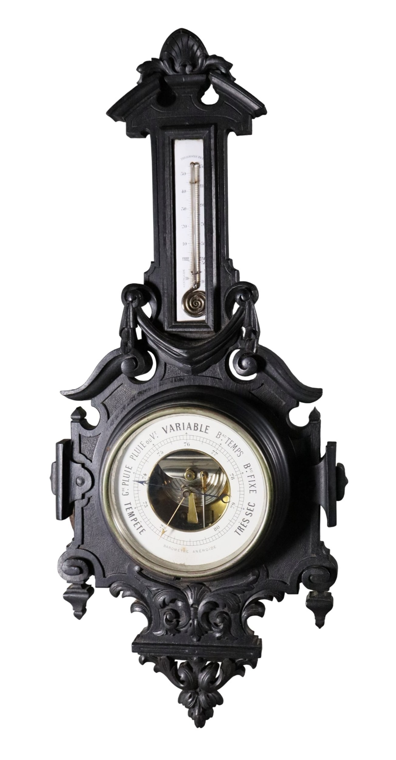 French Napoleon III carved and ebonized wall mount barometer (1 of 12)
