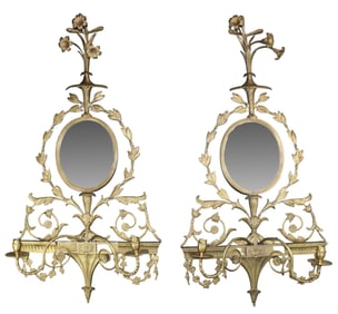 Pair of Louis XVI style bronze wall candle sconces with mirror