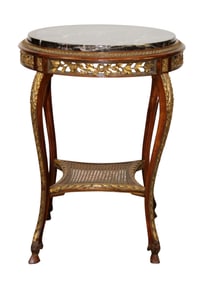 Louis XVI style gueridon table with gilt accents and marble top