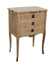 French Louis XVI style petite 3 drawer marquetry commode on legs