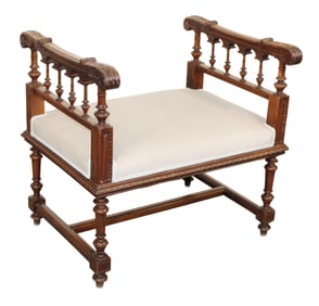 French carved walnut bench with arms
