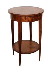 French marquetry inlaid round side table with drawer