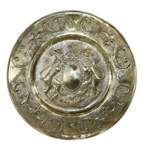 French embossed brass round plaque with double lion crest