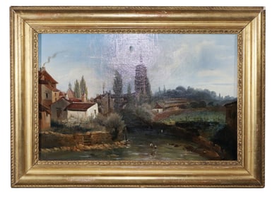French oil on canvas painting landscape with village