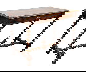 French side table desk in walnut with barley twist legs: French side table desk in walnut with barley twist legs. Single drawer. Late 19th century. 28 1/4"h x 39 1/4"w x 23 1/2"d