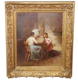 French oil on canvas painting "Geography Lesson"