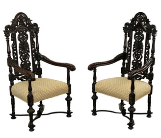 Pair of Jacobean pierce carved oak throne chairs