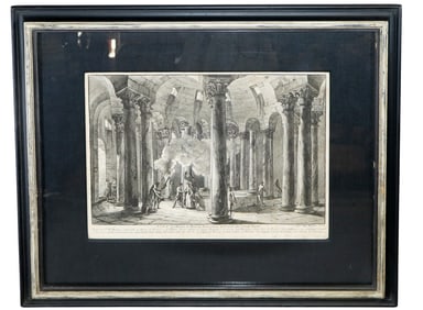 Etching of Visitors with Torches inside a circular building after Hoüel