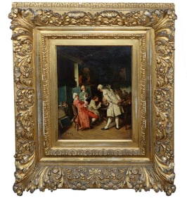 Oil on canvas depicting interior artist studio scene