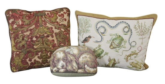 Needlepoint pillow with frogs and snakes