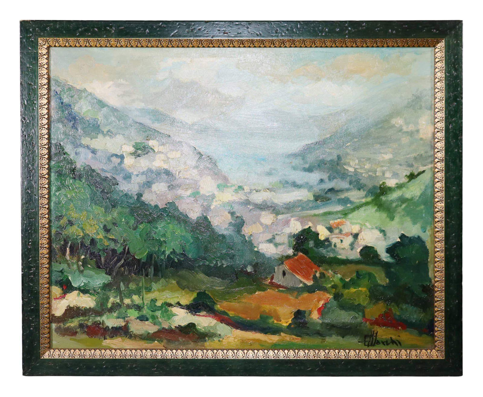 Italian Impressionist oil on canvas painting landscape village scene: Italian Impressionist oil on canvas painting landscape village scene. 18 1/2"h x 22"w. sight size 15 3/8"h x 19 1/4"w. Weight: 1 lb.