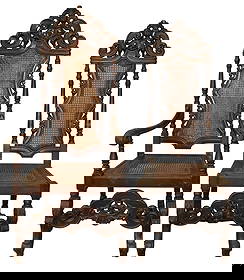 Lot of 2 American carved chairs with cane seats: Lot of 2 American carved chairs with cane seats. 1 arm and 1 side. armchair measures 56 1/2"h x 26"w x 24"d, side chair measures 53"h x 20"w x 19"d