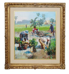 Oil on canvas painting of harvest scene